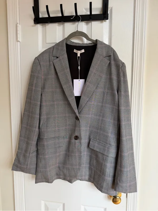 WAYF NWT Gray Plaid Oversized Blazer Pink Windowpane M - Image 5