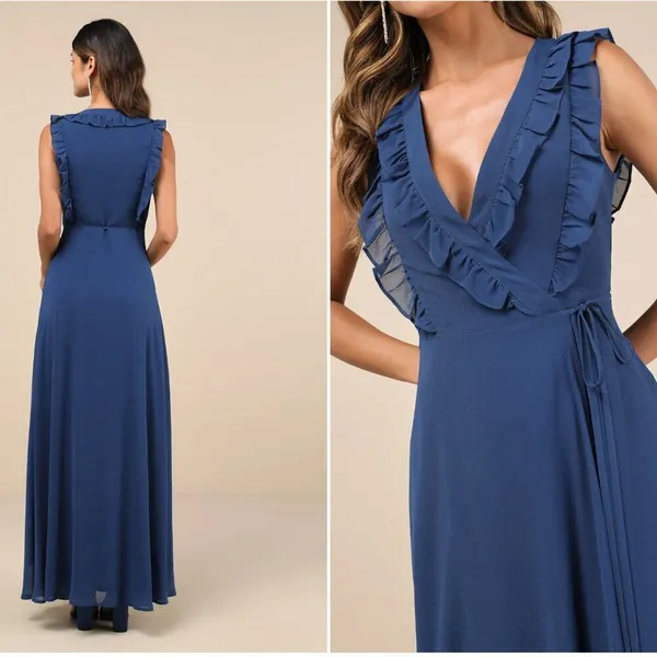LULU's Elegant Prom Wedding Bridesmaid Elegant Romantic Ruffles Wrap Maxi - Image 4