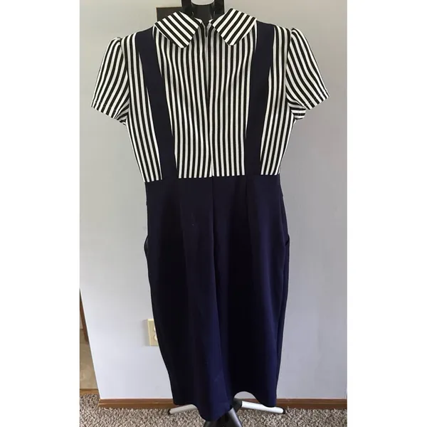 VFemage Women's black white strip navy blue vintage-style‎ sailor dress Size 12 - Image 4