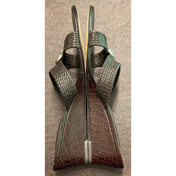 Brighton Denise Leather Wedge Sandal 10M Brown Black Woven Slides Resort Classic - Image 4