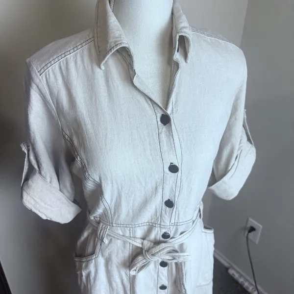 Ambiance Apparel Tan Linen Blend Shirt Dress sz S belted safari utility - Image 2