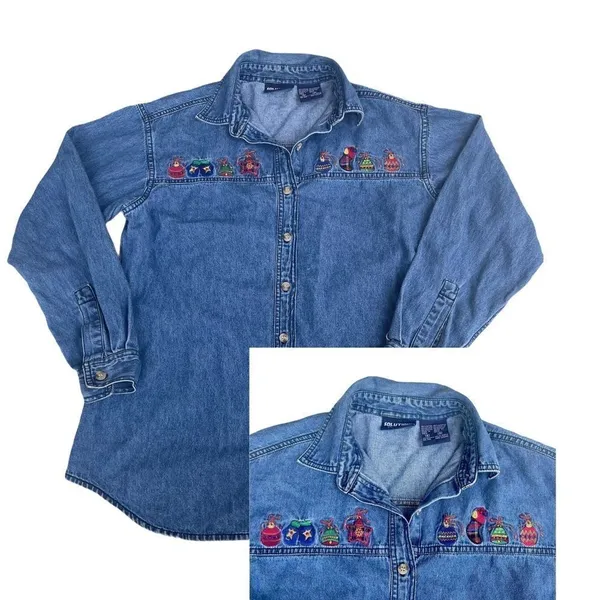 Solutions Denim Christmas Holiday Denim Button Up Shirt Embroidered‎ Small Ugly - Image 2