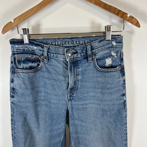 American‎ Eagle High Rise Relaxed Straight Jeans Blue Distressed Raw Hem Size 0 - Image 2