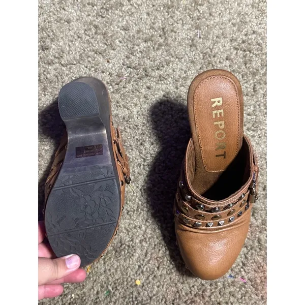 Report Tan Leather Studded Buckle Clogs Wood‎ Block Heel Mules Womens 7 - Image 3