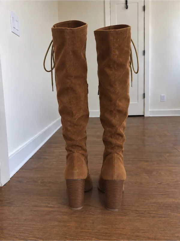 Yoki Vintage Cognac Suede Lace-Up Peep-Toe Boots - Image 5