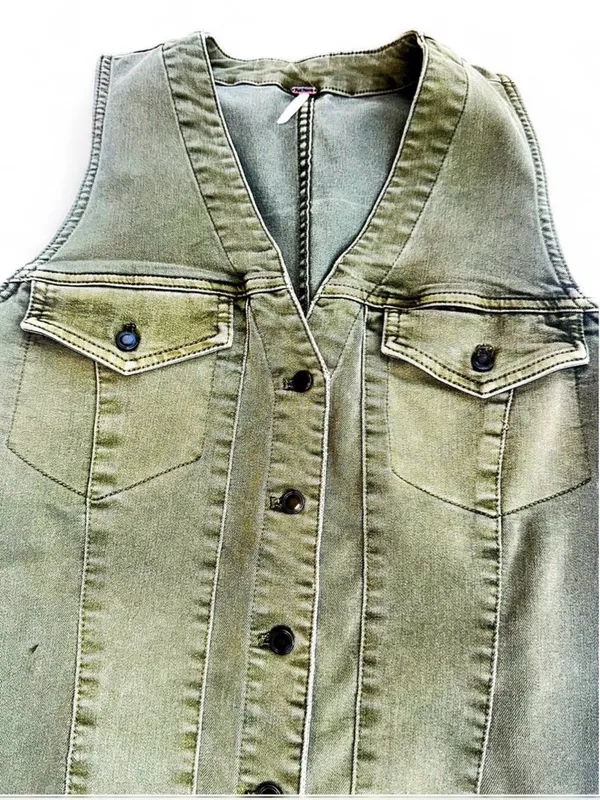 Free People Clean Break Denim Mini Dress Green Acid Wash Stretch Denim Size 8 - Image 6