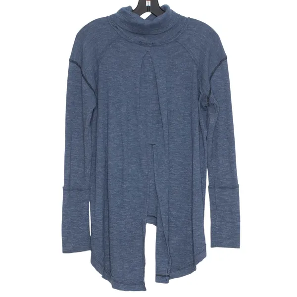 We The Free People Womens Top Turtleneck Split Back Raw Edge Blue Size Small FO - Image 2