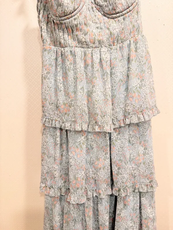 ASTR Pale Blue Floral Tiered Sweetheart Maxi Boho Dress Flutter Straps Size S - Image 2