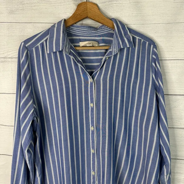LOFT Striped Button Down Top Size L Blue White Long Sleeve Boho Coastal Nautical - Image 3