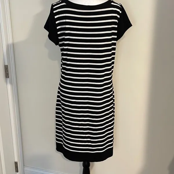 White House Black Market Women's Shift‎ Dress Keyhole Striped Black White Large - Image 5