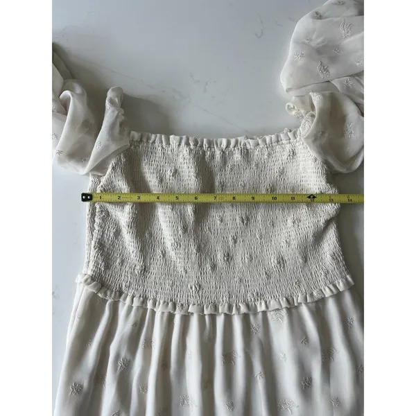 Aritzia Wilfred Tempest Smocked Chiffon Embroidered Mini Dress in Ivory Medium - Image 7