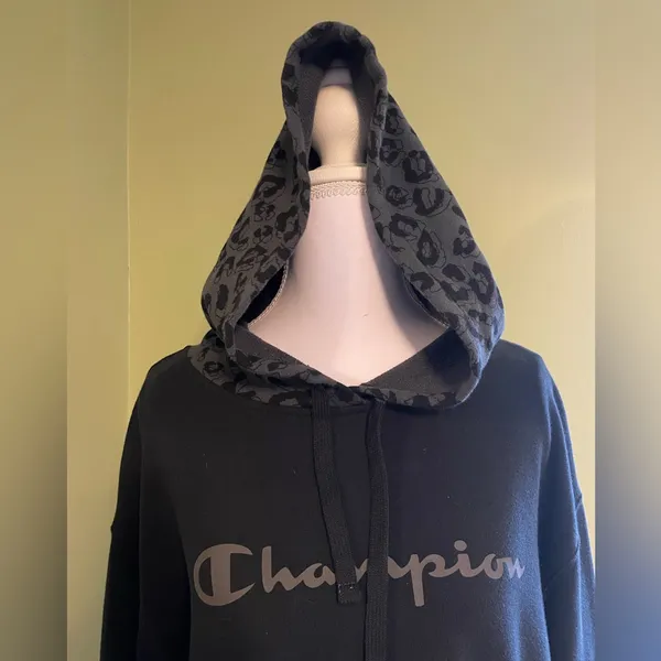 Women’s Champion Black Hoodie with Tonal Logo and Leopard Print Details - Image 4