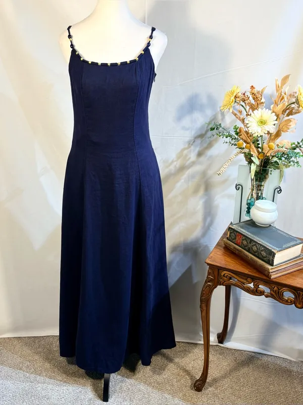 💥Calypso St. Barth Linen Blend Beaded Strap Navy Maxi Dress Sz S🧡 - Image 3