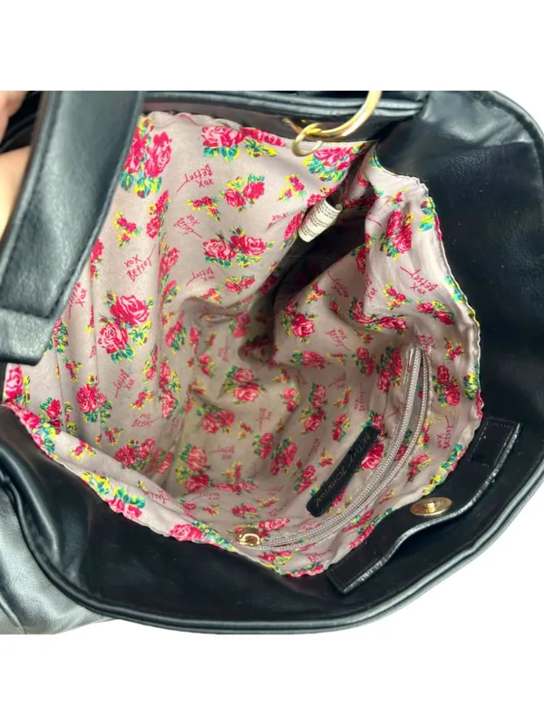 Betsey Johnson Black Bow Tote Faux Leather Floral Lining Whimsygoth Coquette - Image 11