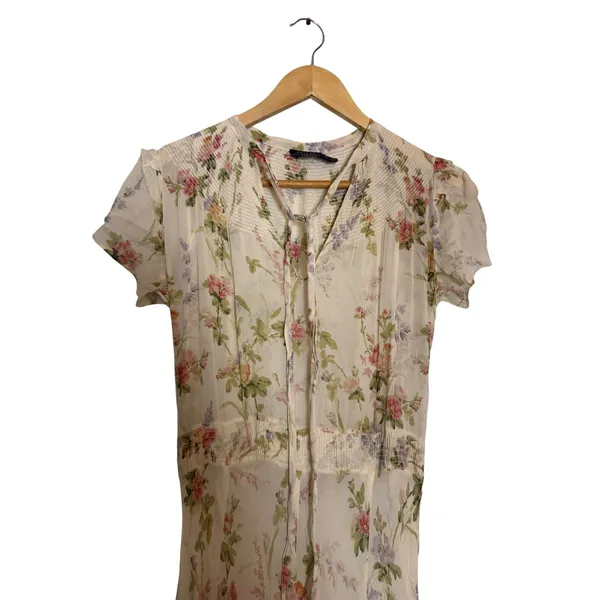 Polo Ralph Lauren Ivory Garden Floral Print Tie Neck Chiffon Maxi Dress Size XS - Image 8