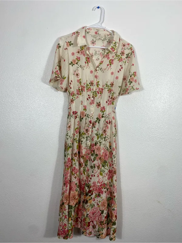 Floral Button-Front Midi Dress in Cream and Pink Size M - Image 2