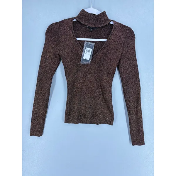 Guess Womens Sweater Lexie Lurex Metallic Cutout Mock Neck Copper XS - Image 2