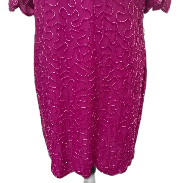 Vintage 80s Scala Beaded Sequin Cocktail Party Dress Fuschia Pink Size‎ PXL - Image 3
