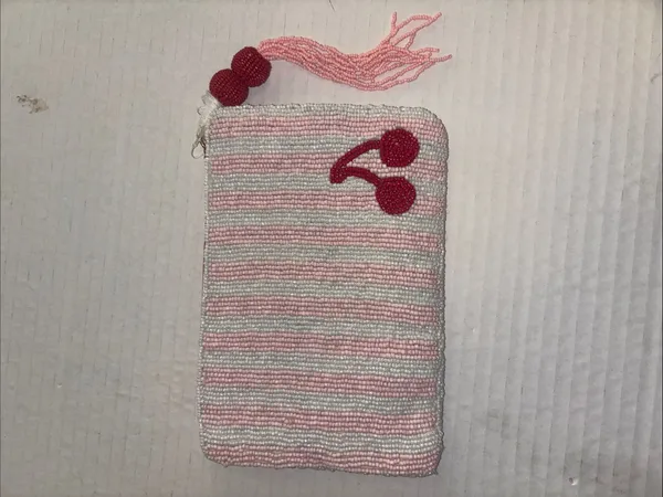CHERRY BEADED BAG WHITE PINK STRIPED WITH CHERRY DESIGN BEADED TASSEL ZIP PULL - Image 3
