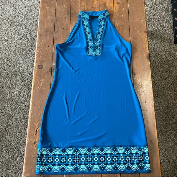 White House Black Market Beaded Turquoise Jersey Embroidered Shift Dress - Image 6