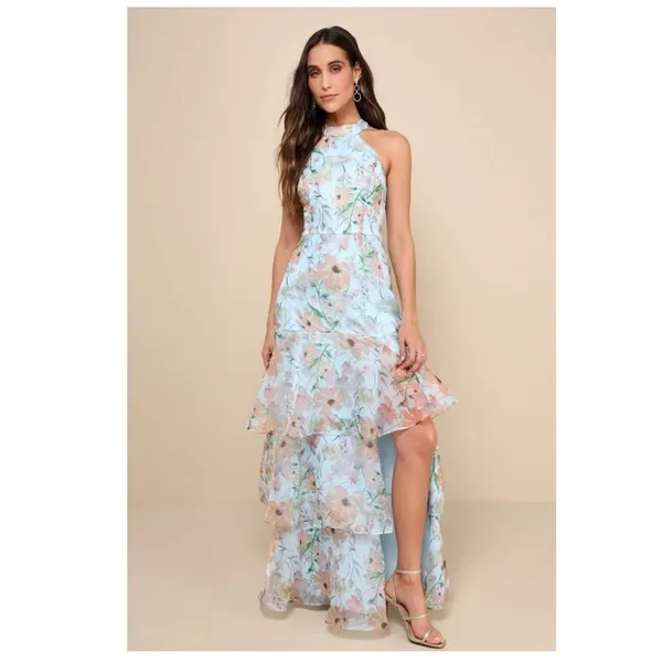 Lulus Forever Exceptional Light Blue Floral Halter‎ Organza Maxi Dress, Medium - Image 2