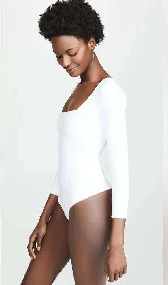 - 3/4 Sleeve Square Eyes Thong Bodysuit, white, size small - Image 3