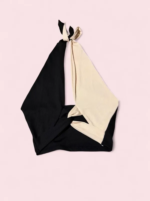 SHEIN Black and Cream Tie-Halter Crop Top - Image 2