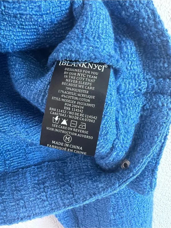 Blank NYC Women's Bright Blue Tweed‎ Moto Boxy Cropped Jacket Pockets - Image 4