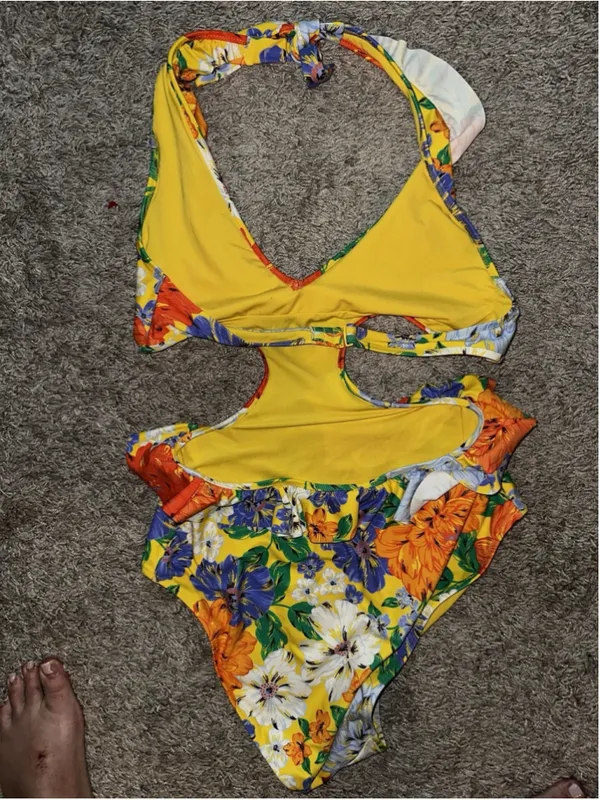 Aerie Yellow Floral Monokini Floral Ruffle Halter One Piece Swimsuit Large - Image 9