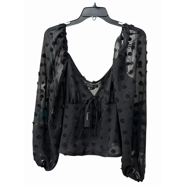 Lulu's Blouse XL‎ Cropped Black Clip Dot Balloon Sleeves Halter Babydoll #AA9-1 - Image 6