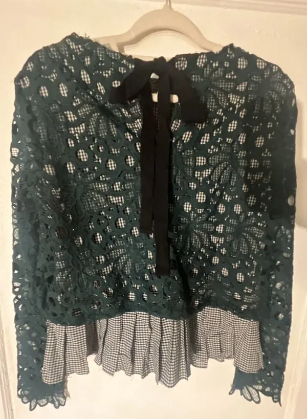 Maeve Anthropologie Gabriella Green Lace and Gingham Peplum Long Sleeve Top - Image 3