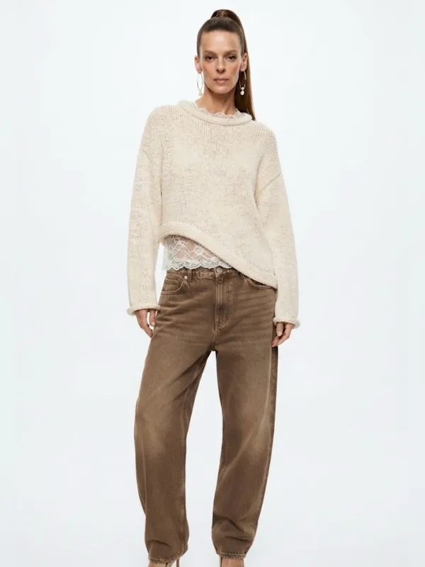 Zara Asymmetric Knit Sweater Size Small Cream / Off-White - Image 11