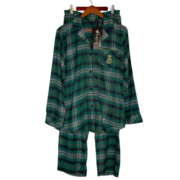 NWT LRL Ralph Lauren M Brushed Twill 2PC PJ‎ Set Plaid Green Pajamas Black Label - Image 4