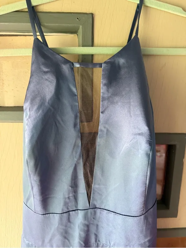 Signature Steel Blue Satin Plunge V Prom Gown - Image 2