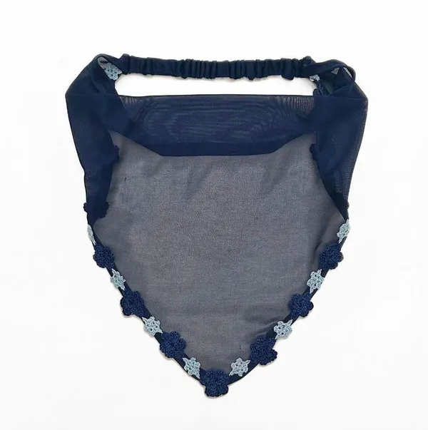 Indigo Blue Mesh Crochet Trim Triangle Headband –Elastic Boho Hair Scarf – Cottagecore Headband for Women – Festival Hair Accessory - Image 3