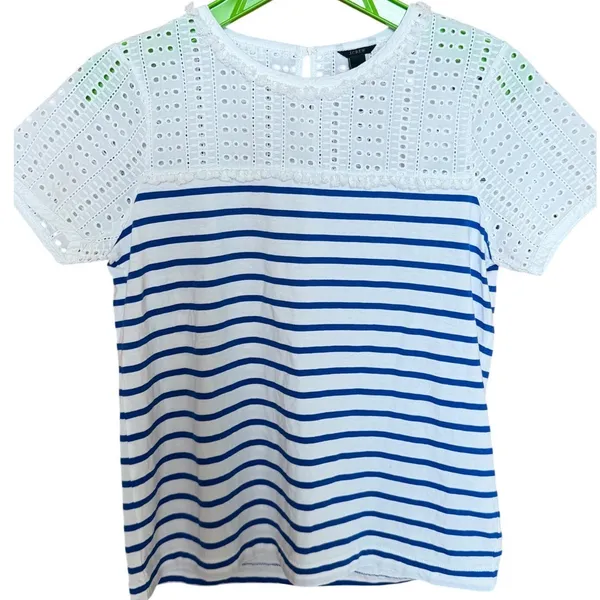 J.Crew Womens XS Mixed Media Eyelet Lace Striped Short Sleeve Top Blue White - Image 3