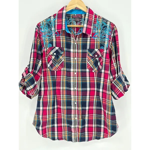 Rock‎ & Roll Cowgirl Embroidered Plaid Pearl Snap Western Shirt XL Rhinestone - Image 2