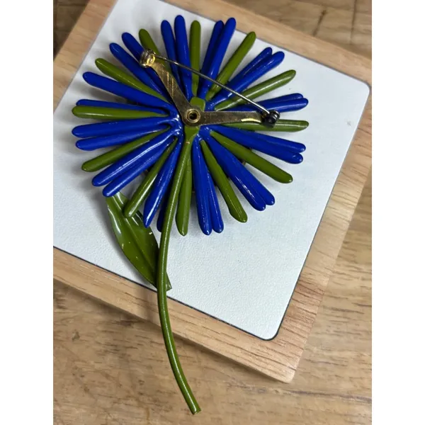 Vintage Blue & Green Flower Brooch Pin Handmade Glass Beads & Metal Backing - Image 10