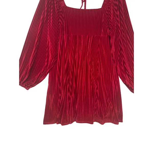 Red Pleated Velvet Mini Dress Square‎ Neck Lantern Sleeve Holiday Boho Party L - Image 5