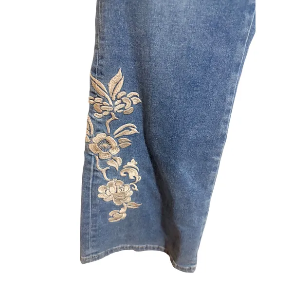 Nicole Miller Soho Bootcut Jeans Womens 8 Blue Excellent Floral Embroidered High - Image 12