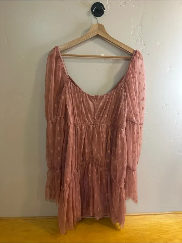 ASOS Design Pink Polka Dot Mesh Long Sleeve Sweetheart Tiered Dress Size 8 New - Image 7