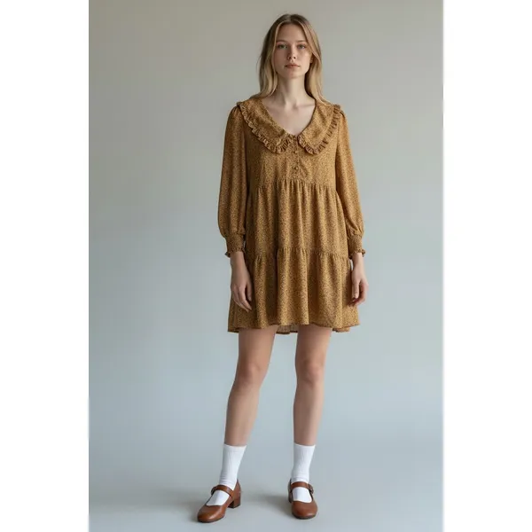 Boutique Mustard Ditsy Floral Ruffle Collar Babydoll Mini Dress M/L - Image 2