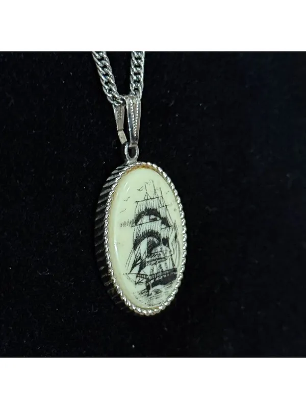 Sarah Coventry SARAH Simulated Scrimshaw Boat Ship Vintage 1970 Pendant Necklace - Image 3