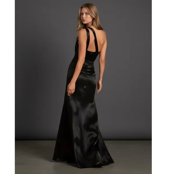 Lulus Black Satin One-Shoulder Open‎ Back Formal Maxi Dress Size Small - Image 2