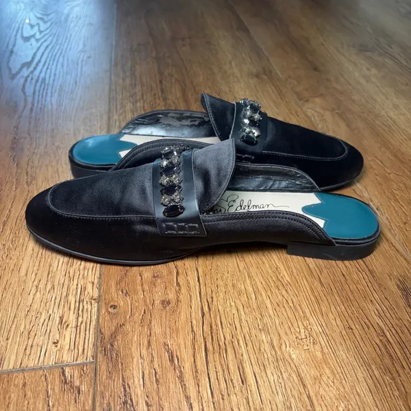 Libby Edelman Piper Black Satin Jeweled Mules Pointed Toe Flats‎ Size 9M - Image 10