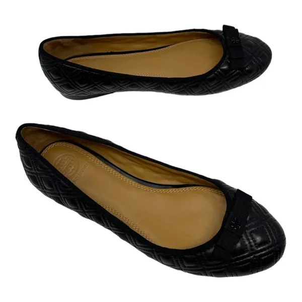 Tory Burch Black Leather Quilted Bow Ballet Flats Designer Shoes Size 7 - Image 5