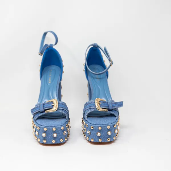 NW Azalea Wang Evgenia Denim Platform Studded Embellished Sandals Heels Blue 6 - Image 2