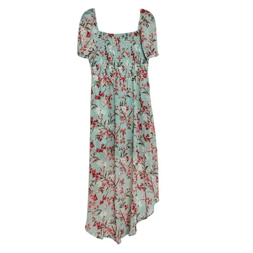 As You Wish Green Floral Chiffon Smocked Asymmetrical Dress LARGE Cottage Flowy‎ - Image 5