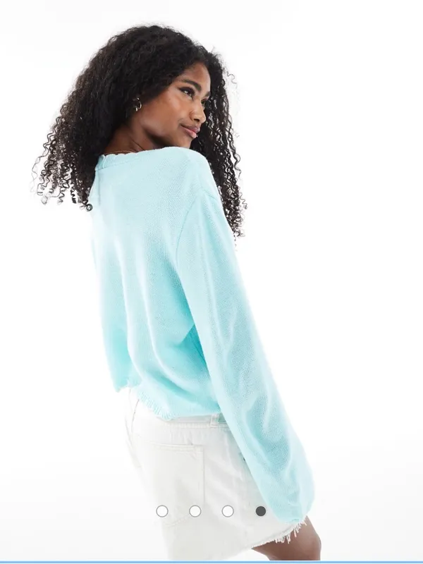 Scallop Edge Cropped Cardigan Sweater - Light Aqua - Image 6