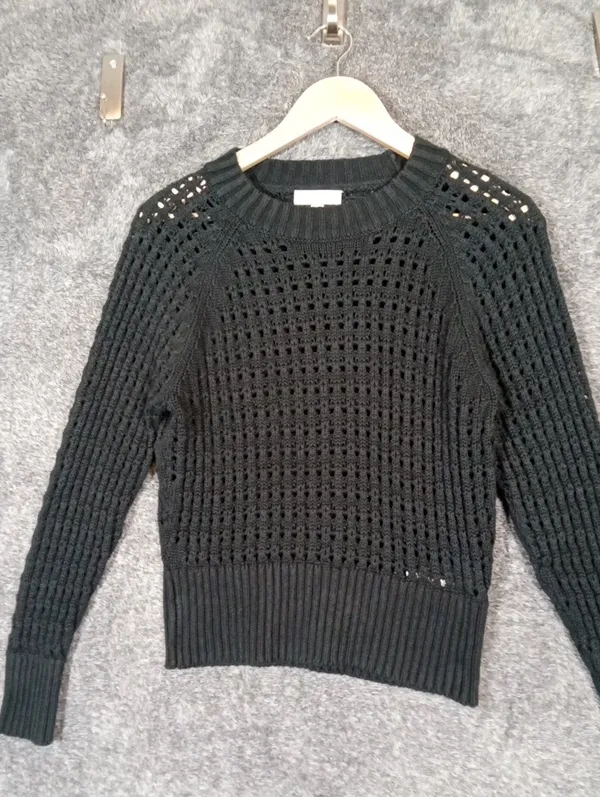 J Crew Pointelle Crewneck Sweater Black Knit Pull Over Boho Fall Womens M - Image 4